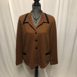 Vintage Houndstooth Blazer Womens Size Large Rust Brown Black Knit Jacket Office